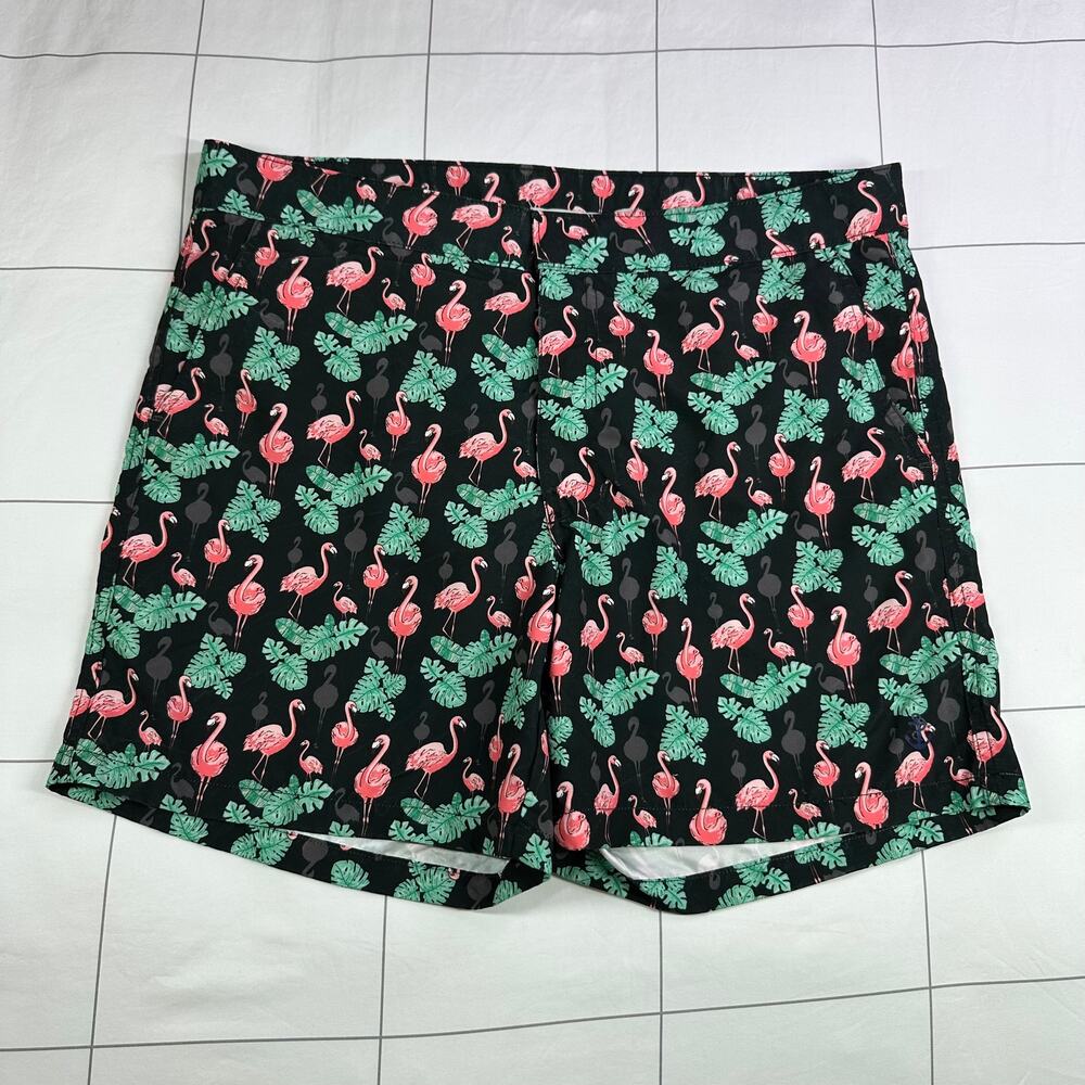 Retromarine Swim Shorts Mens 34 Black Green Lined Flamingo Tropical Vacation